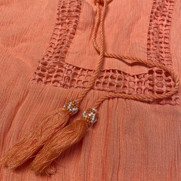 Zac & Rachel Boho Blouse Sz XL Coral/Orange Roll Tab Sleeve Gauze Tassels Beads - Picture 4 of 9